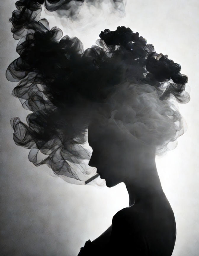 Person silhouette with smoke-like voluminous hairstyle on light background