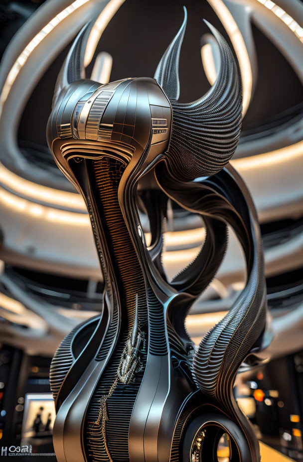 Futuristic black sculpture with flowing curves and circular, illuminated ceiling