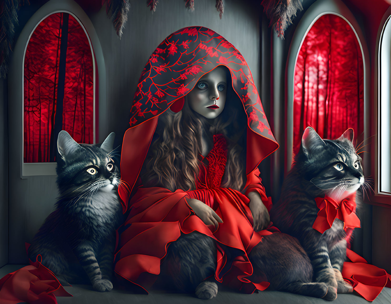 Person in red cloak with large eyes and cats in Gothic room.