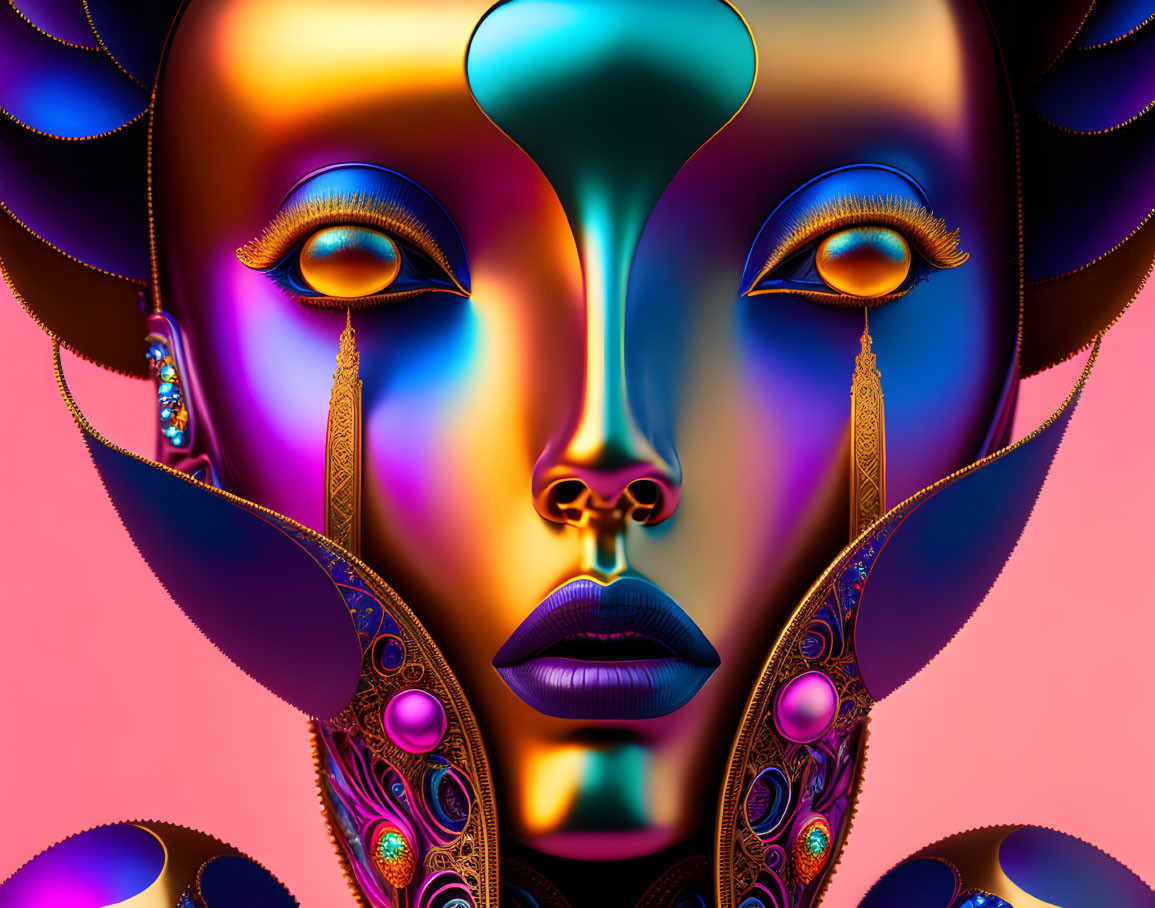 Colorful digital artwork: stylized female face with golden features on neon pink & blue.