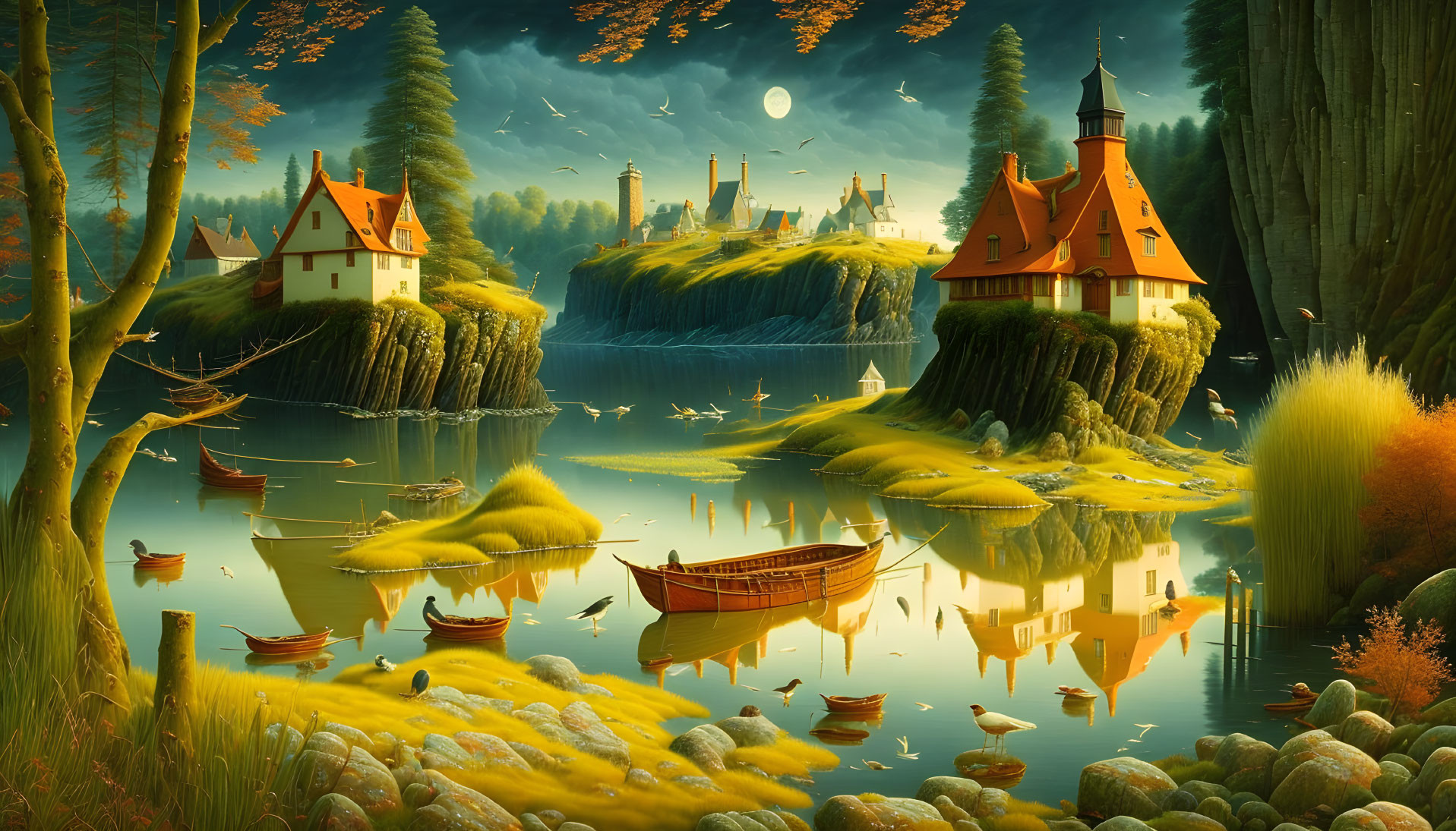 Tranquil fantasy landscape with lake, boats, colorful trees, houses, castle, crescent moon