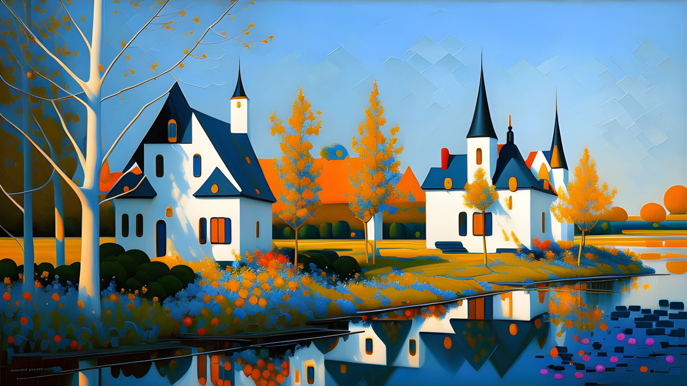 Vivid autumn scene: reflective lake, colorful trees, red-roofed buildings