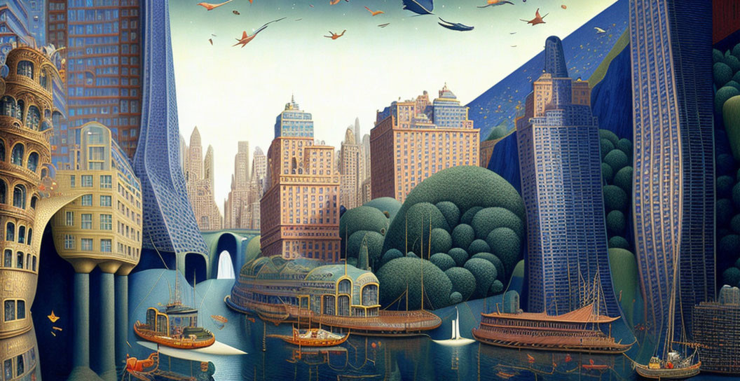 Surreal cityscape with undulating buildings, waterways, boats, and flying fish.