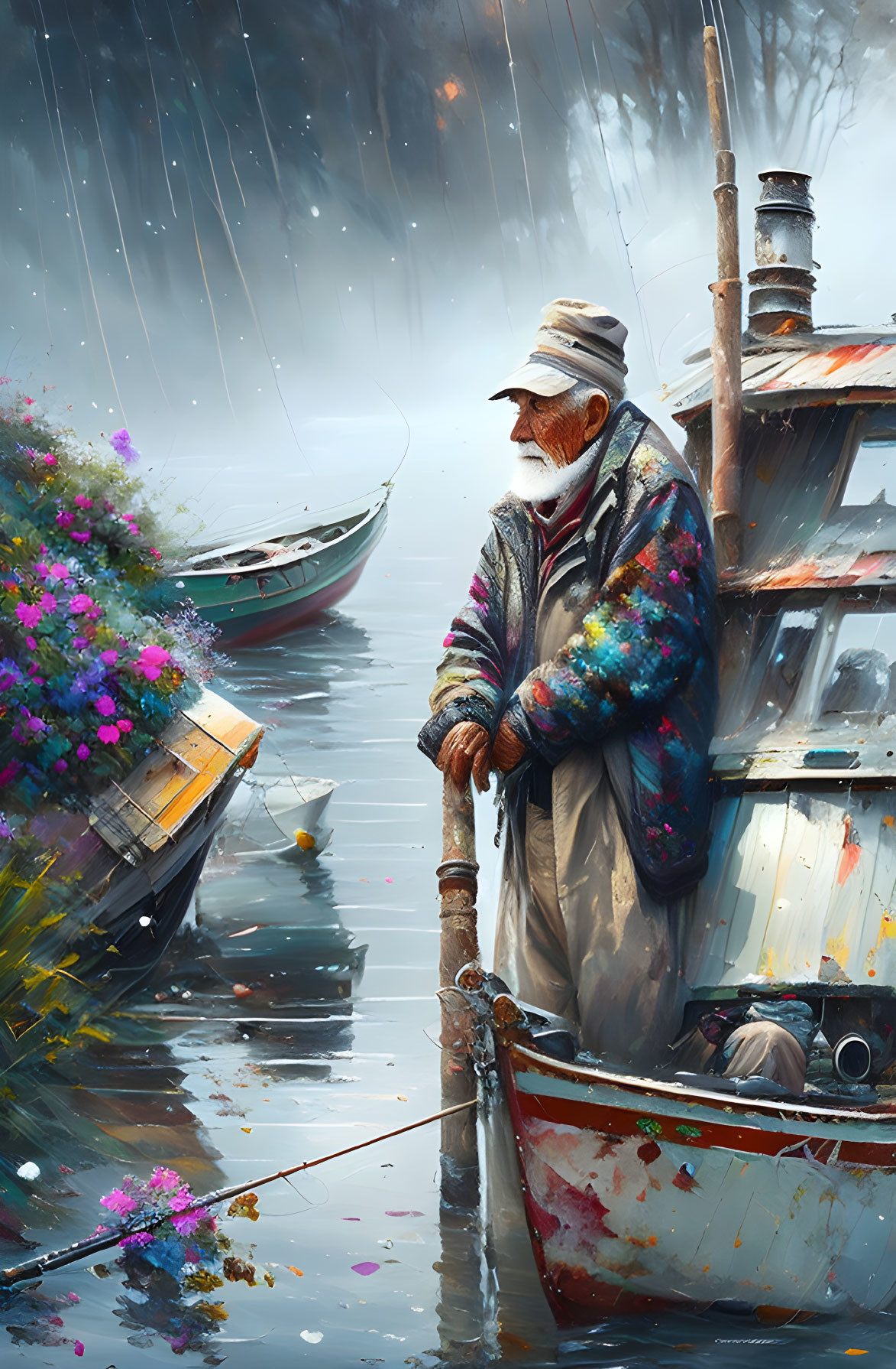 Elderly fisherman in boat surrounded by colorful flowers and rain-soaked river landscape