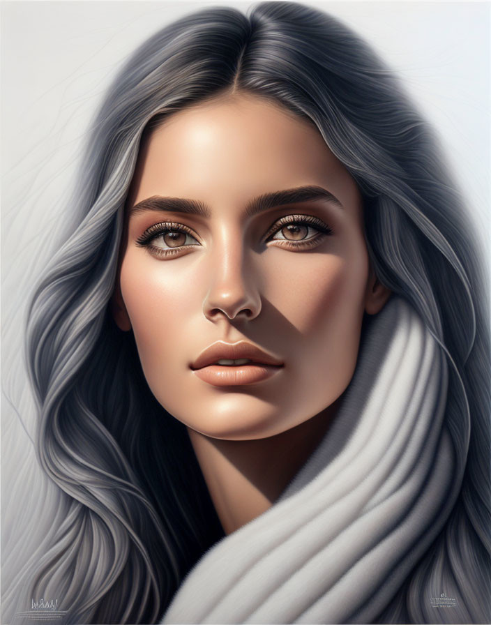 Woman with Silver Hair in White Turtleneck: Digital Artwork