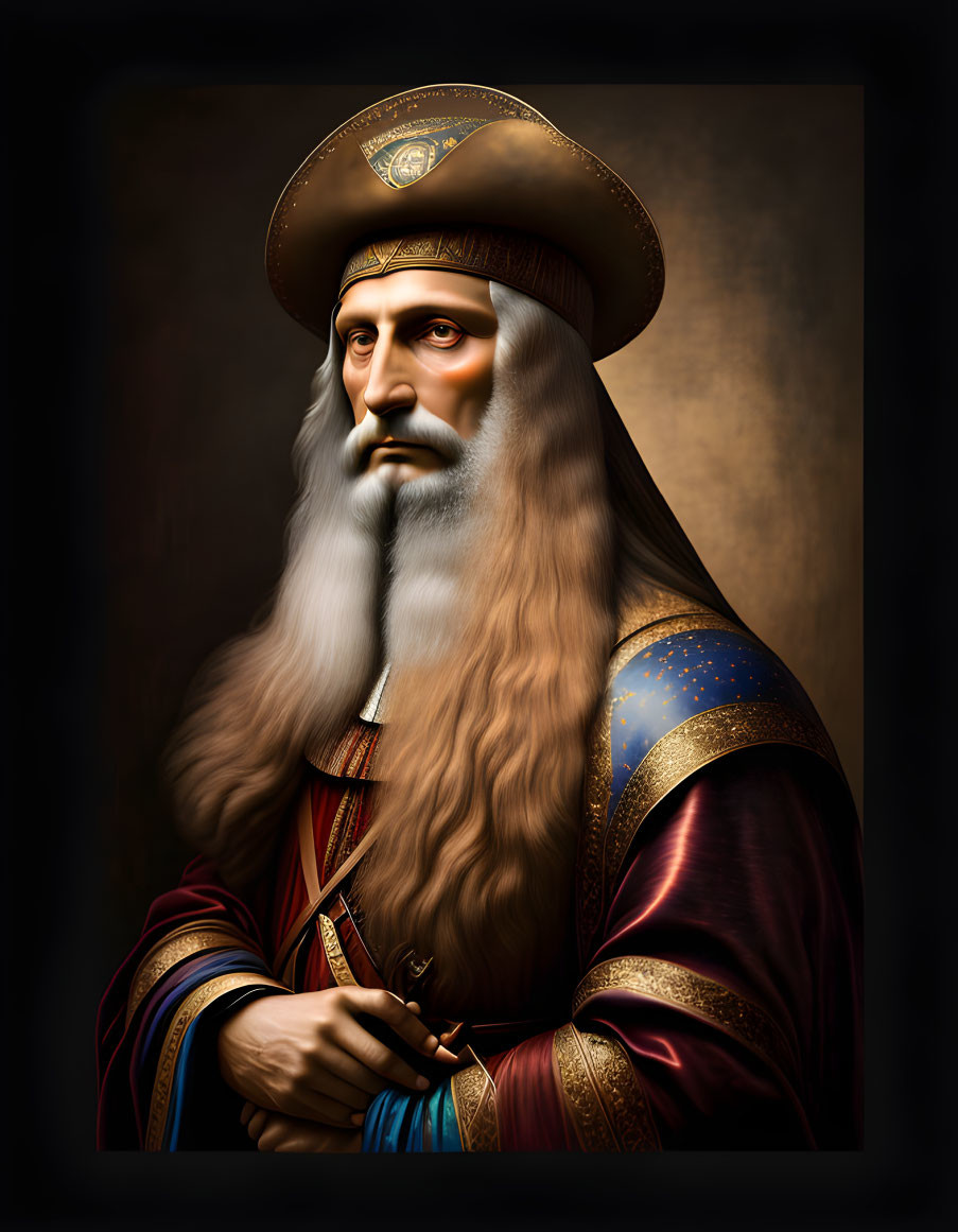 Regal man with white beard in ornate attire and scepter on dark background