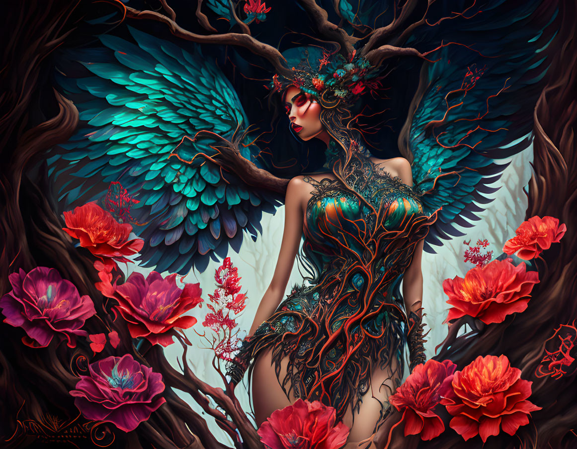 Fantasy illustration: Woman with tree-branch antlers, blue wings, nature-inspired body art