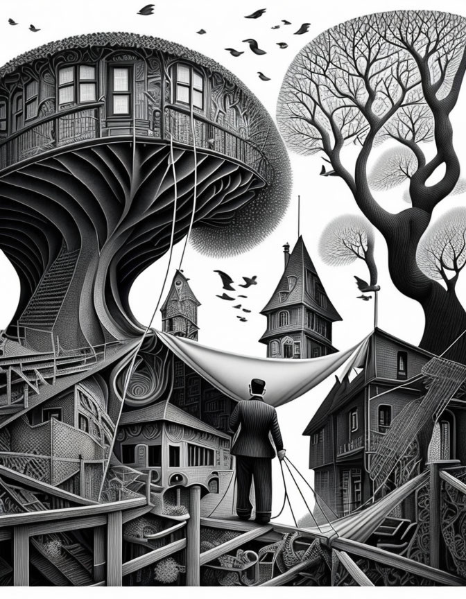 Monochrome surreal artwork: man in suit, cityscape, giant mushroom, flying birds, elaborate trees