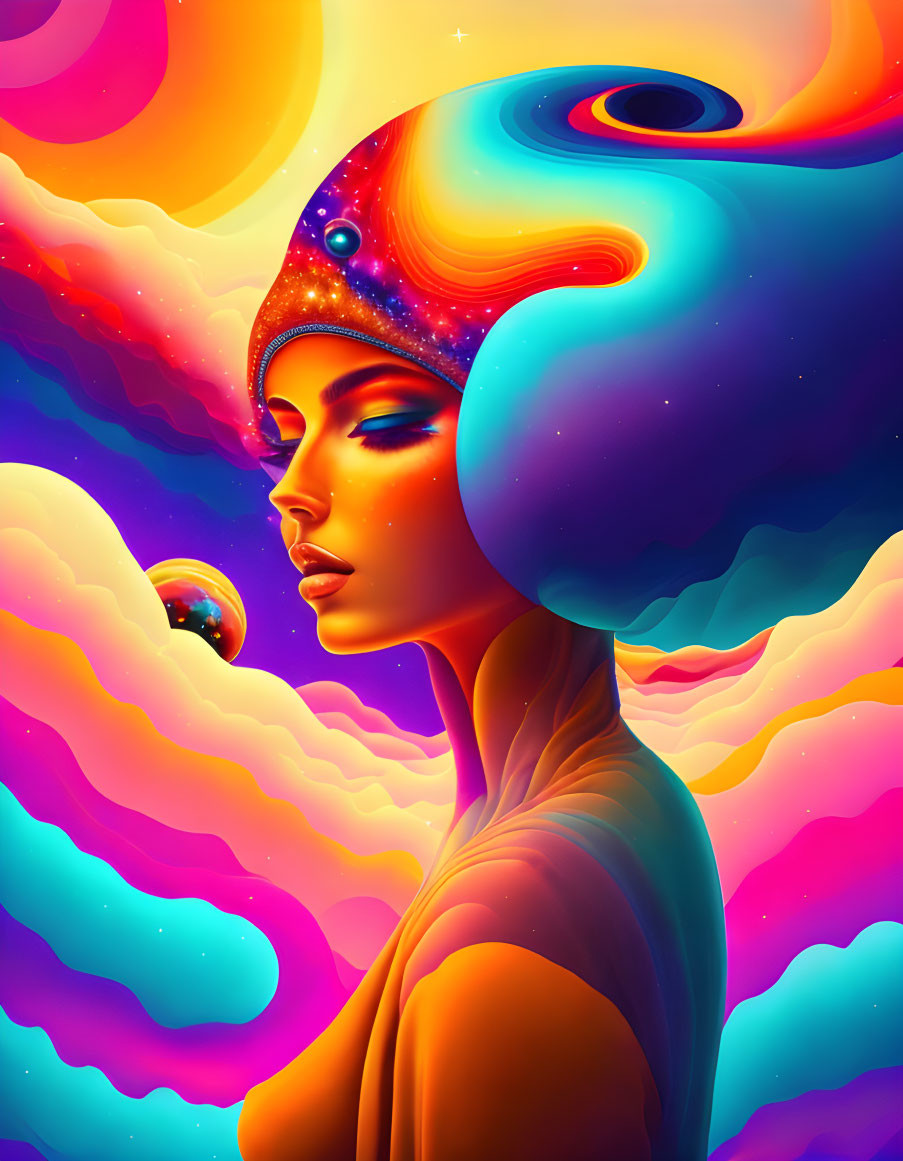 Colorful digital artwork: Woman's profile merges with cosmic elements