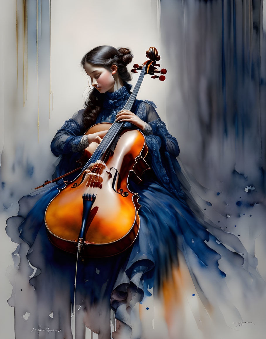 Woman in flowing blue dress playing cello amidst abstract blue and white brushstrokes