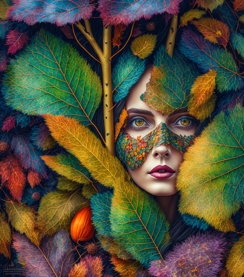 Autumn leaves partially conceal woman's face with striking gaze.