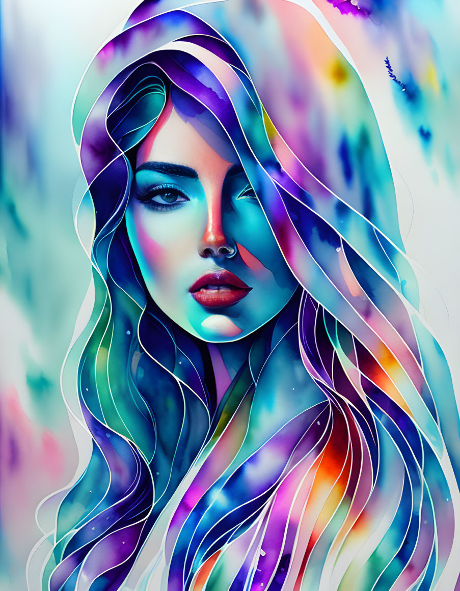 Colorful digital artwork: Woman with multicolored hair and blue eyes on watercolor background