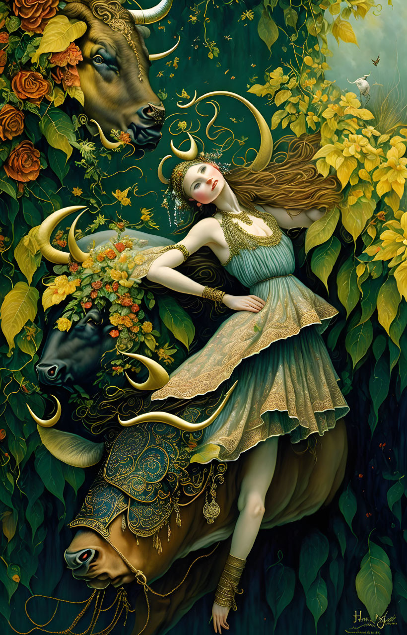 Fantastical illustration of woman with horns reclining on bulls amidst lush foliage