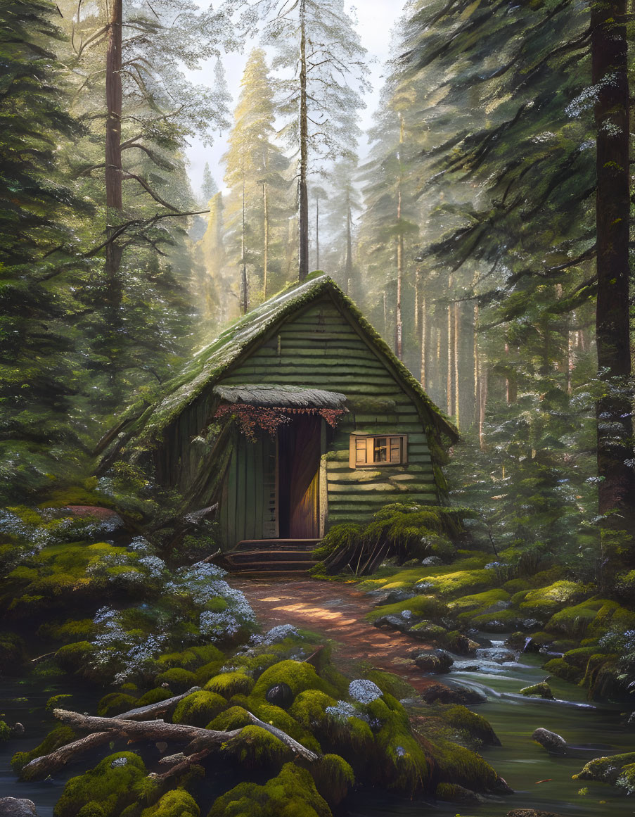 Rustic wooden cabin in serene forest with stream and sunlight