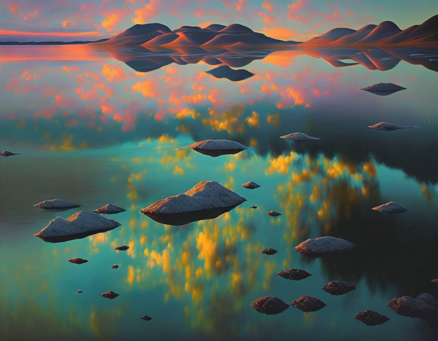 Tranquil lake scene with scattered stones, rolling hills, and vibrant sunset reflections