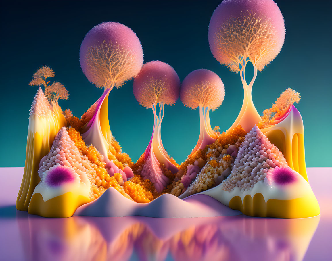 Vibrant surreal landscape with colorful vegetation on mound-like forms