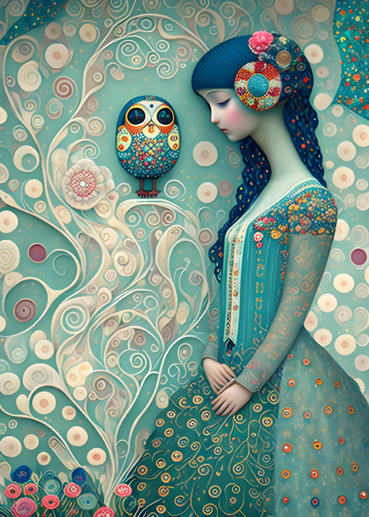 Stylized woman with owl in patterned attire on pastel background