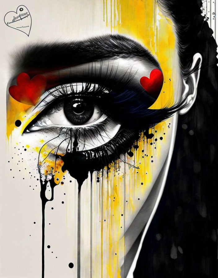 Monochromatic artwork with yellow splash, woman's eye and red hearts symbolize love and emotion