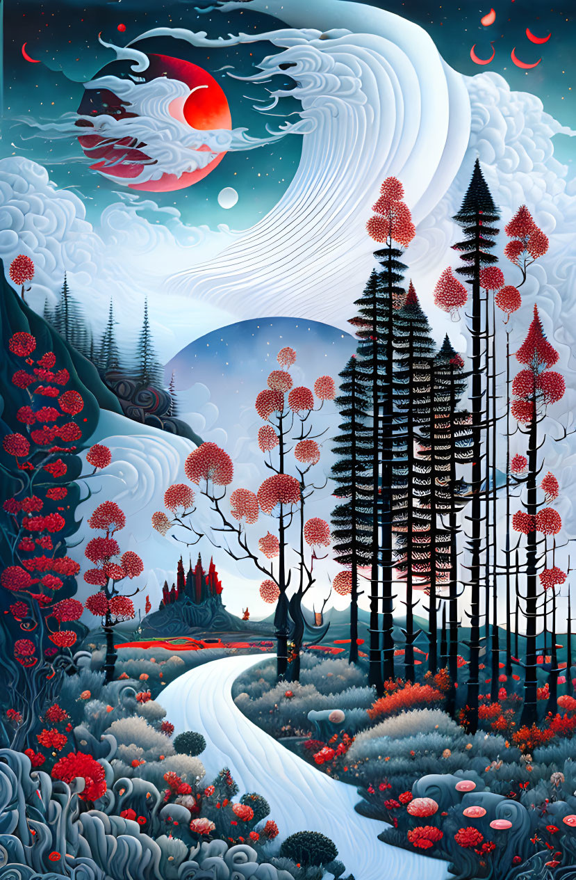 Colorful surreal landscape with tall trees, winding river, and moon with wave pattern