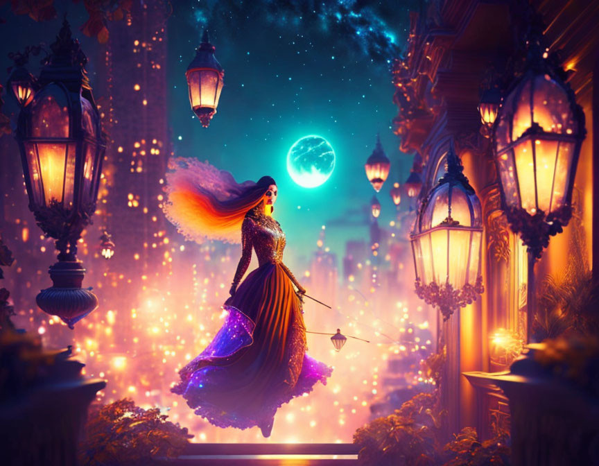 Woman in golden dress on bridge under starry sky with lantern and ornate railings