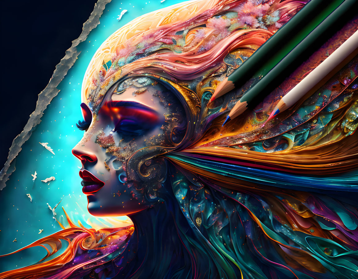 Colorful digital artwork of a woman with flowing hair in cosmic background with pencils.