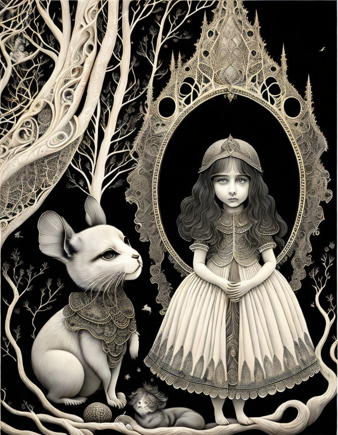 Monochromatic illustration of a girl in detailed dress with mirror, sphinx cat, and mouse