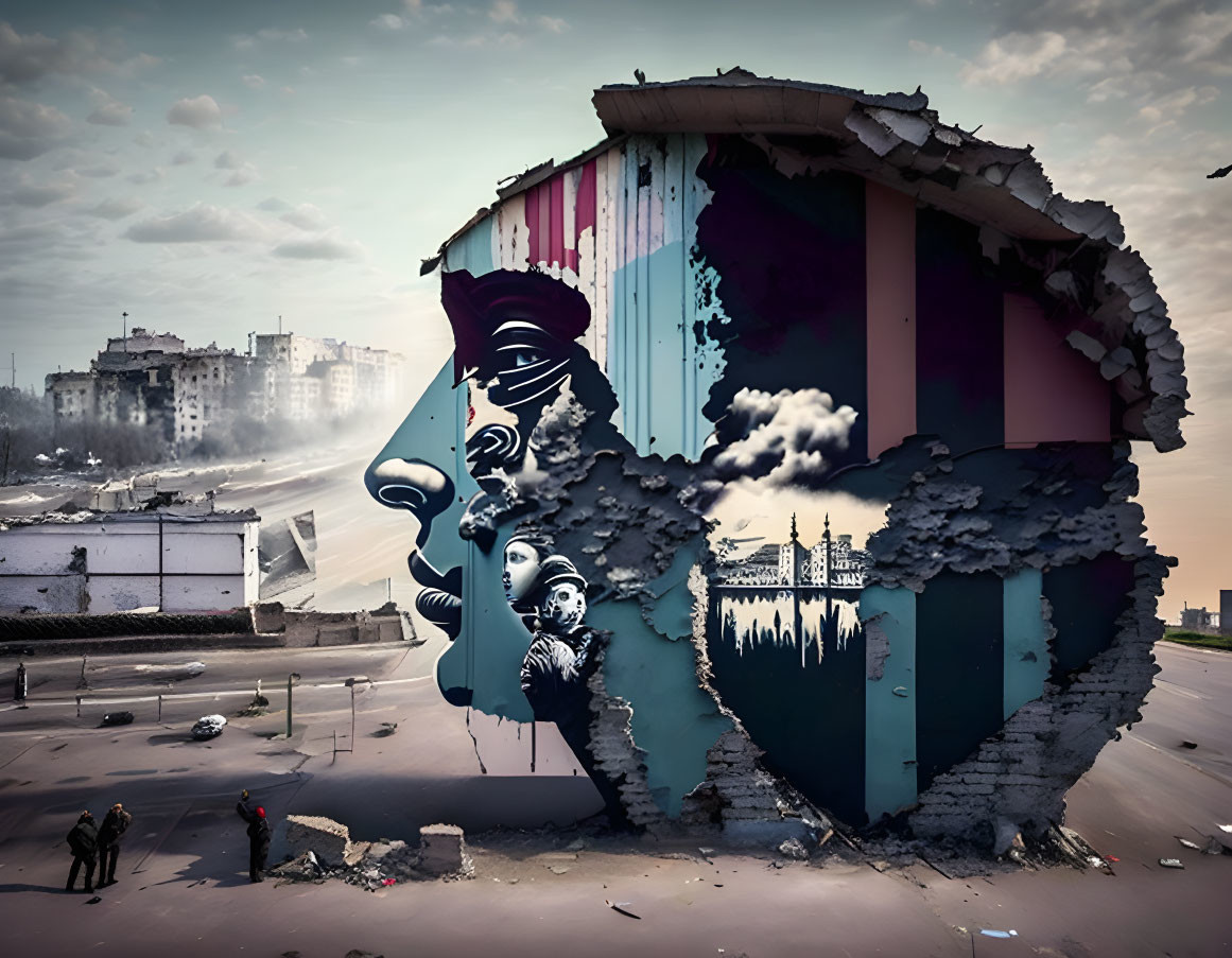 Urban mural depicts face on crumbling building facade with observers below.