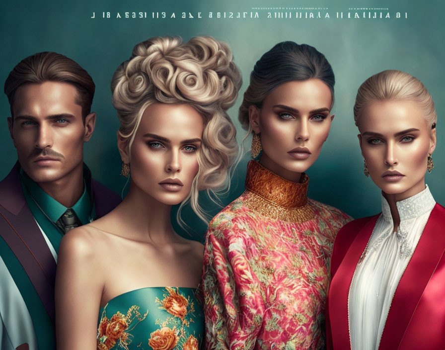 Four elegant models in stylish attire against teal backdrop