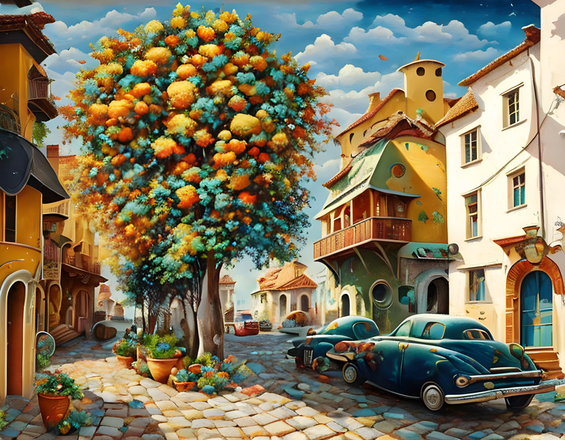 Colorful Street Scene with Fruit Tree, Vintage Cars, and Whimsical Buildings