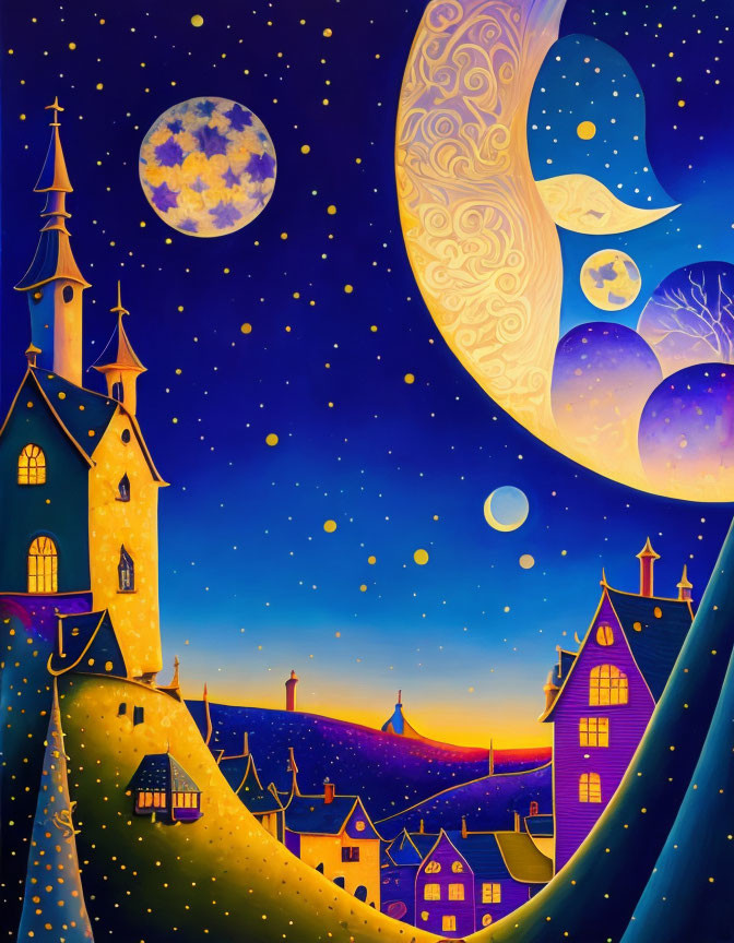 Vibrant village painting with starry night sky & crescent moon