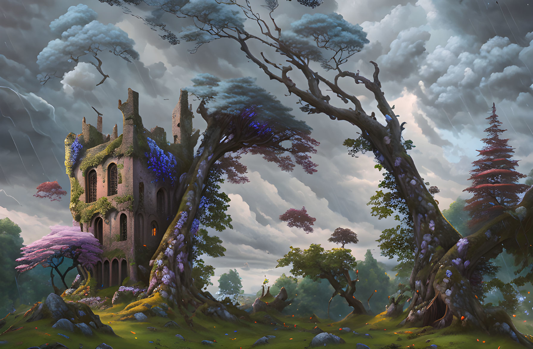 Fantastical landscape featuring ancient ivy-covered castle and giant arching trees