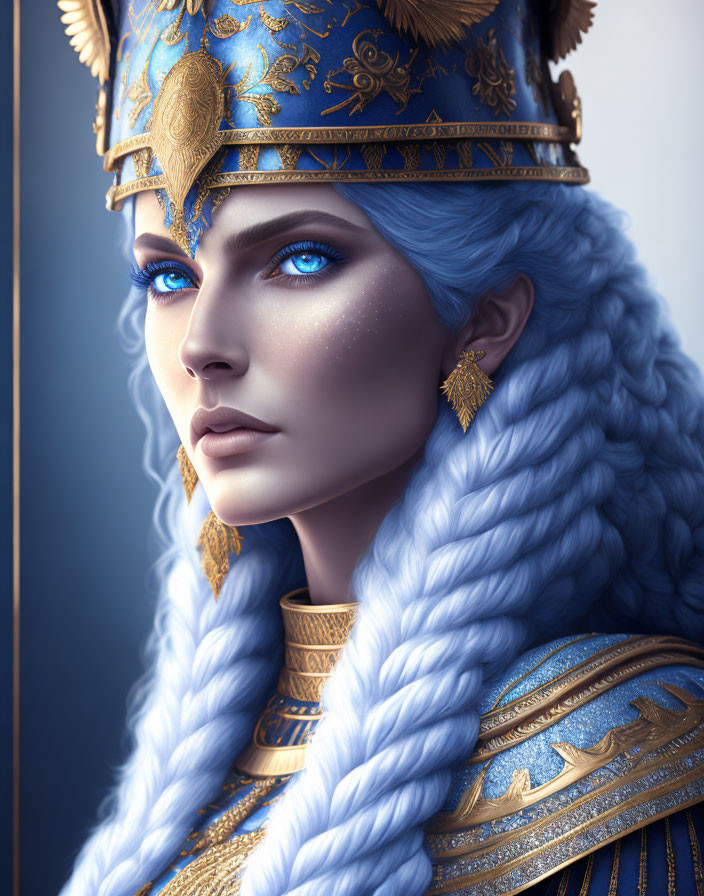 Blue-skinned woman in gold and blue headdress and armor with braided hair