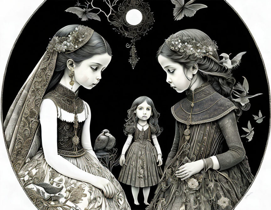 Vintage dresses girls surrounded by birds and flowers in circular frame