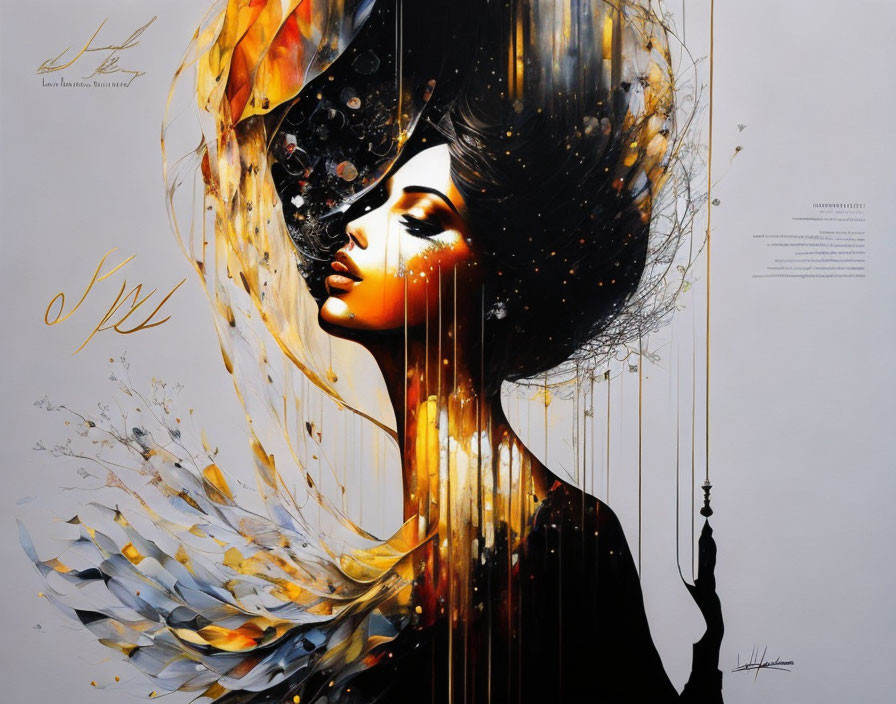 Colorful abstract artwork: woman's profile with fire and water elements