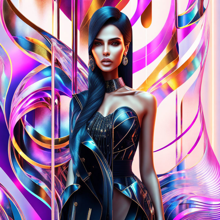 Abstract digital artwork: Woman with blue hair and futuristic corset