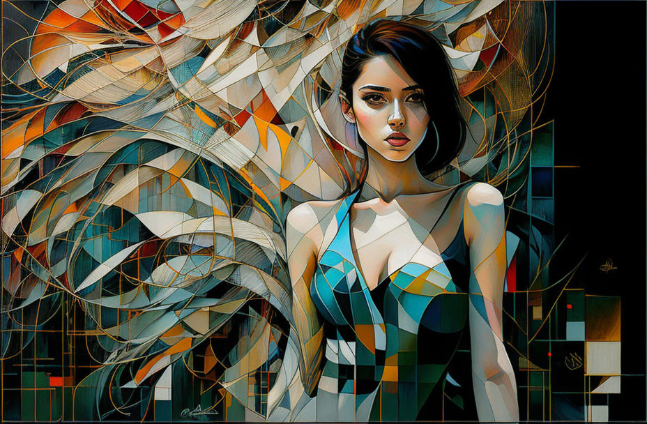 Stylized painting of woman with dark hair and geometric patterns