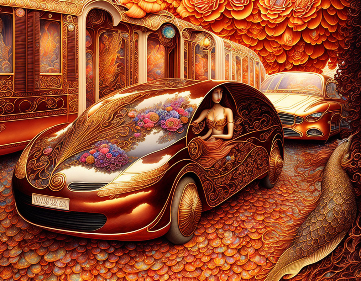 Stylized car illustration with floral designs and woman figure in intricate backdrop