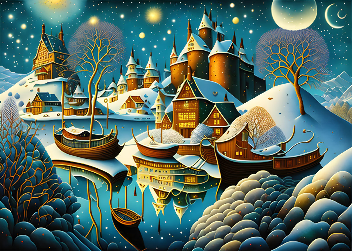 Colorful snowy village at night with castles, river, boats