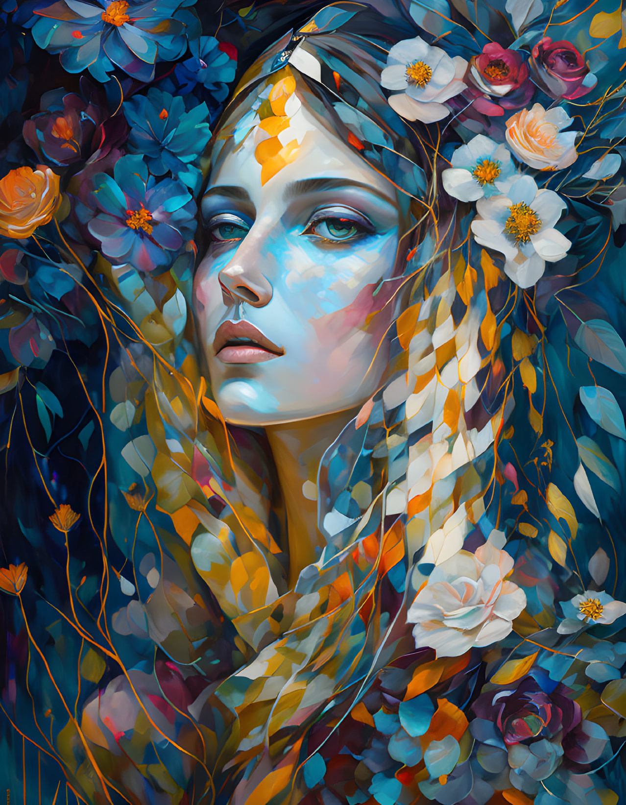 Woman portrait with serene expression among vibrant flowers and leaves