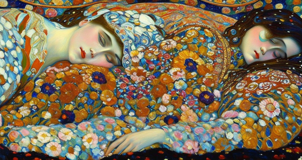 Art Nouveau style painting of two women asleep in vibrant colors