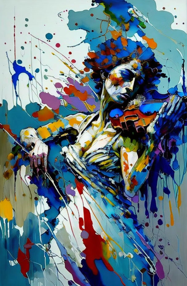 Colorful Abstract Painting of Violin Player in Blue, Red, and Yellow