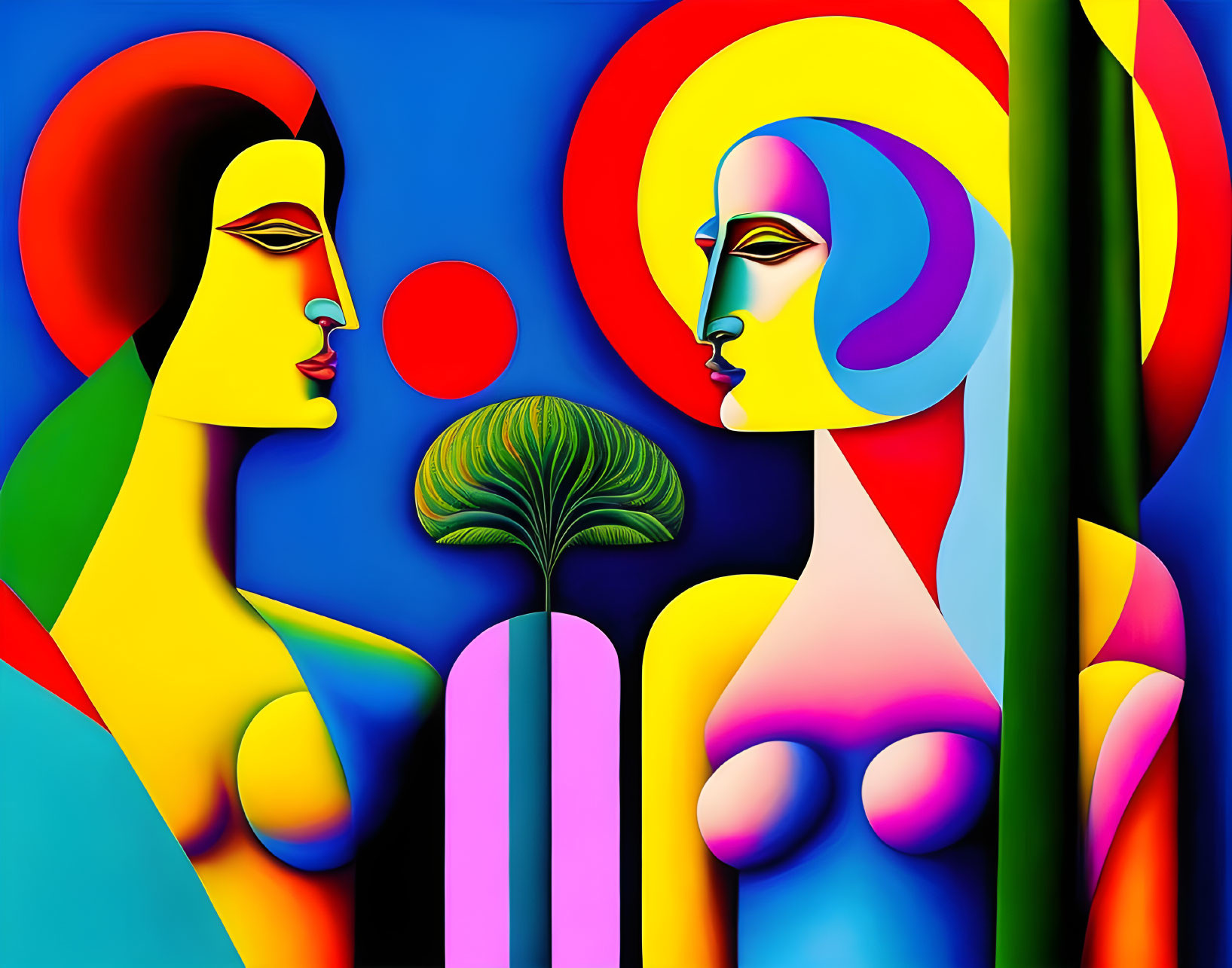 Colorful Abstract Art: Stylized Female Faces in Vibrant Geometric Setting