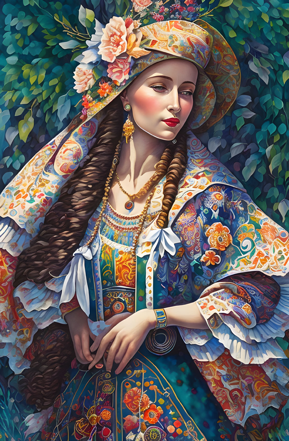 Traditional ornate attire woman with wide-brimmed hat in floral setting