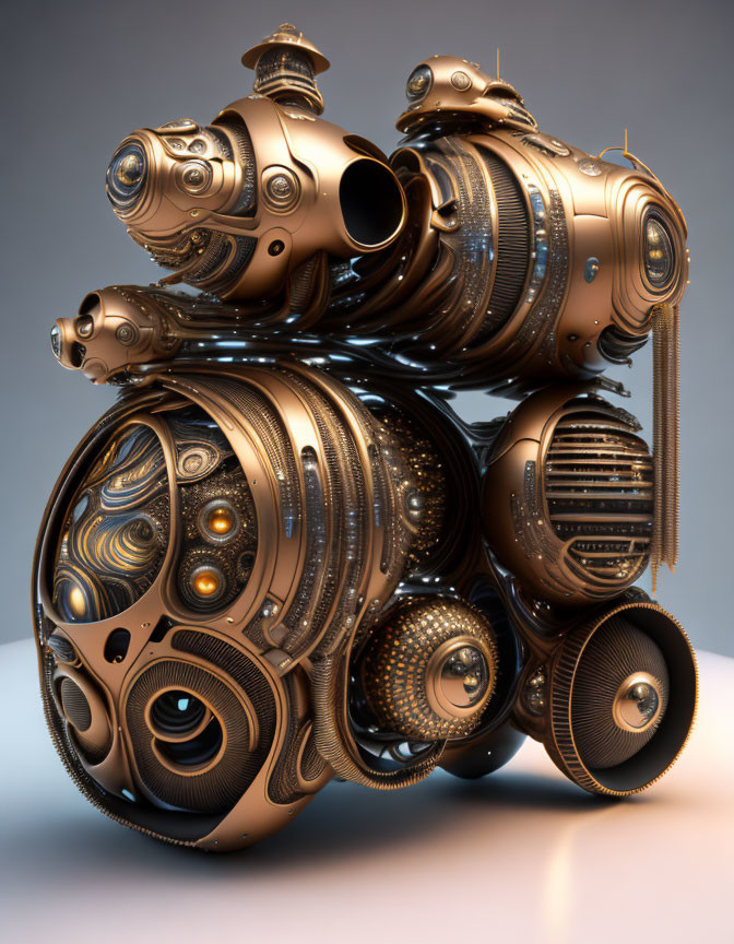 Steampunk-inspired mechanical sculpture with bronze and gold finishes