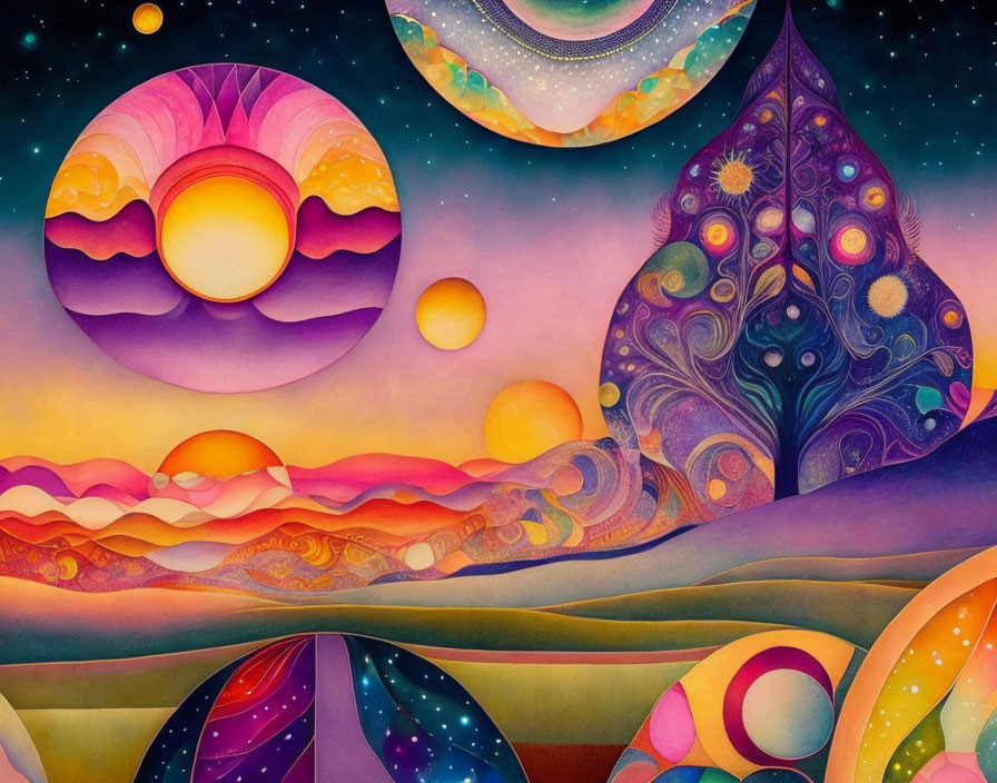 Colorful surreal landscape with sun, planets, whimsical tree under starry sky