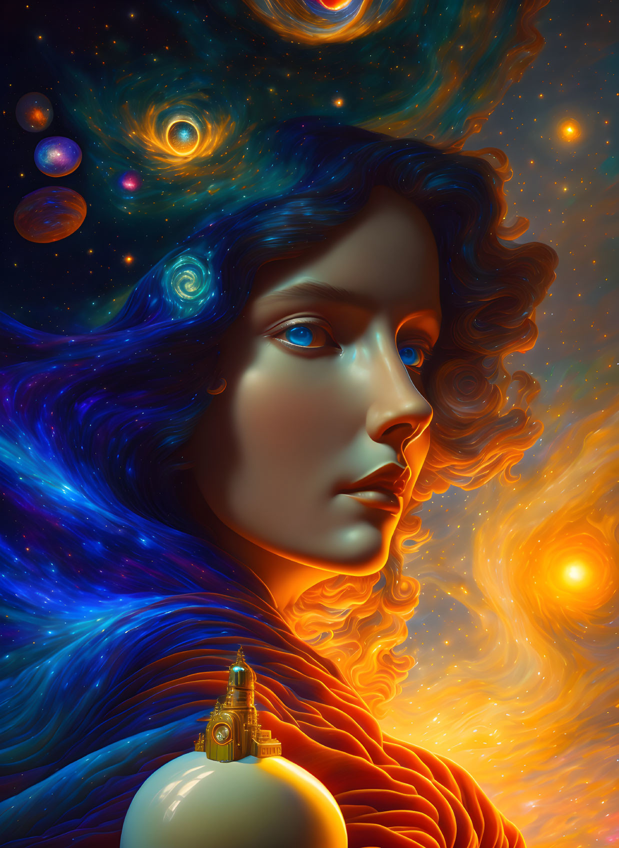 Surreal portrait of woman with flowing hair in cosmic background