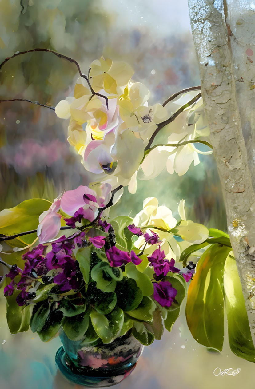 Yellow and Purple Flowers in Vase by Sunlit Window