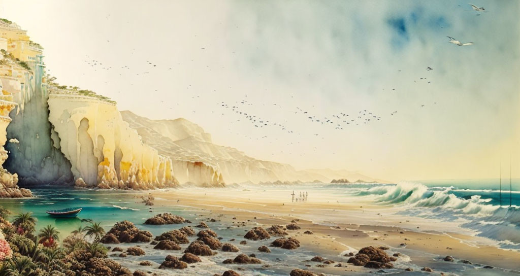 Panoramic Beach Scene with Cliffs, Seagulls, Boat, and People