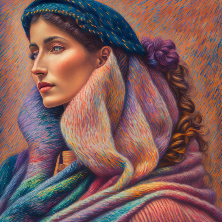 Colorful portrait of a woman with blue headwrap and scarf, featuring intricate patterns