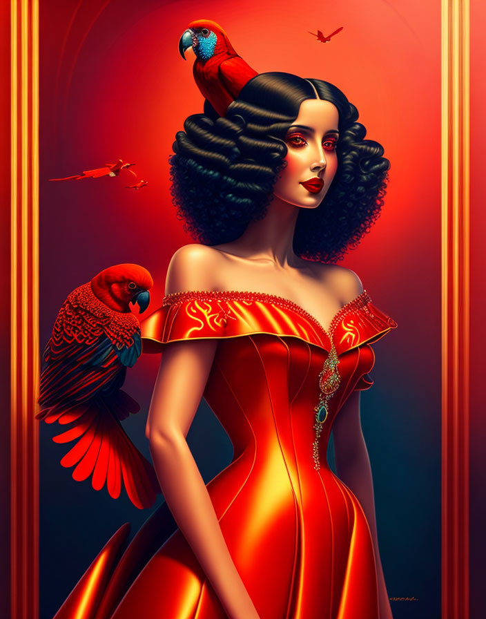 Stylized illustration of woman in red dress with parrots on shoulder and flying, against warm red